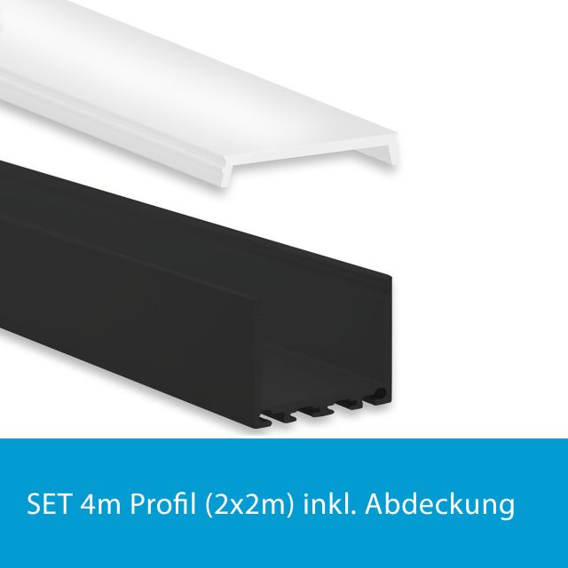 Profi LED SET 4M (2x2M) Aufbauprofil Maxi24 schwarz mit flacher opaler Abdeckung