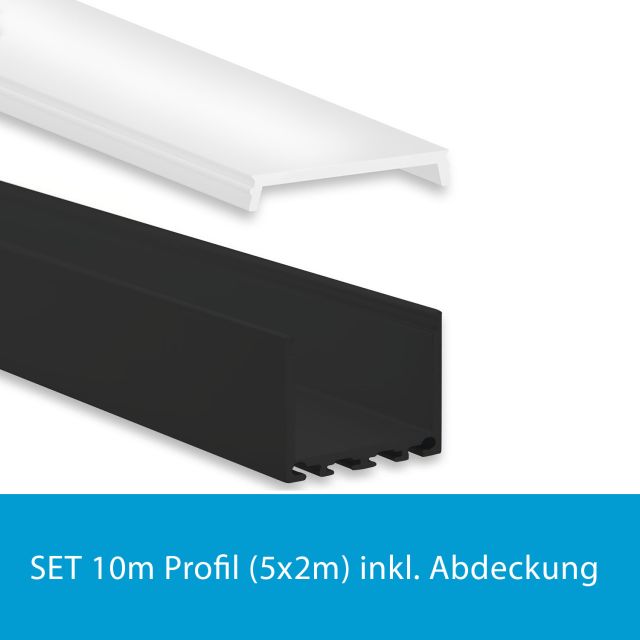 Profi LED SET 10M (5x2M) Aufbauprofil Maxi24 schwarz mit flacher opaler Abdeckun