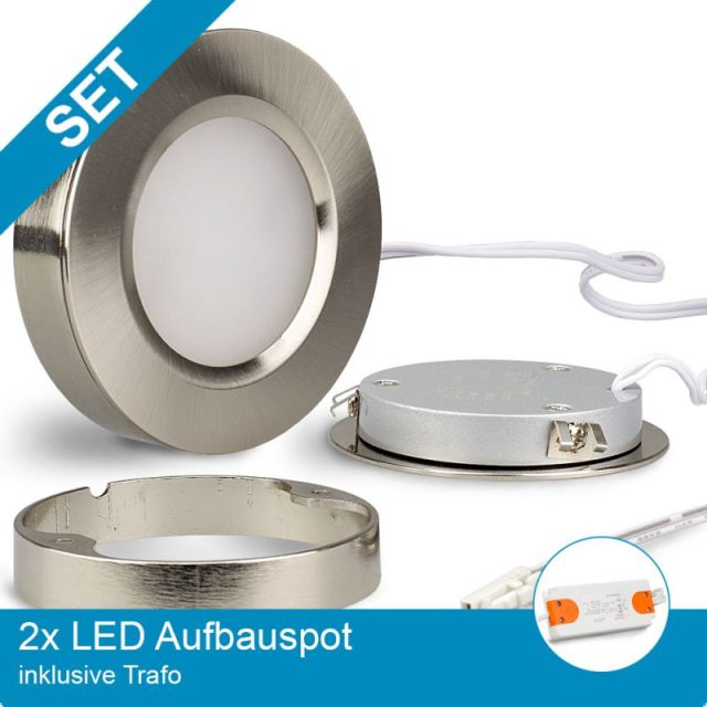 SET 2x LED Aufbauspot nickel gebürstet + Trafo